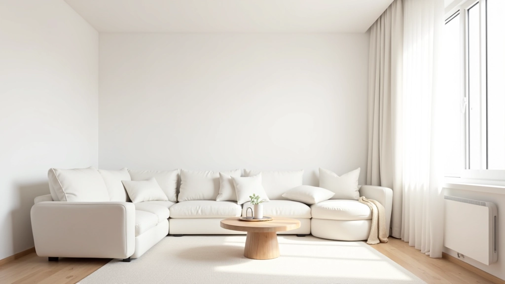 Minimal tasarımlı bir yaşam alanı, beyaz duvarlar, doğal ışık, temiz çizgiler ve sade dekorasyon