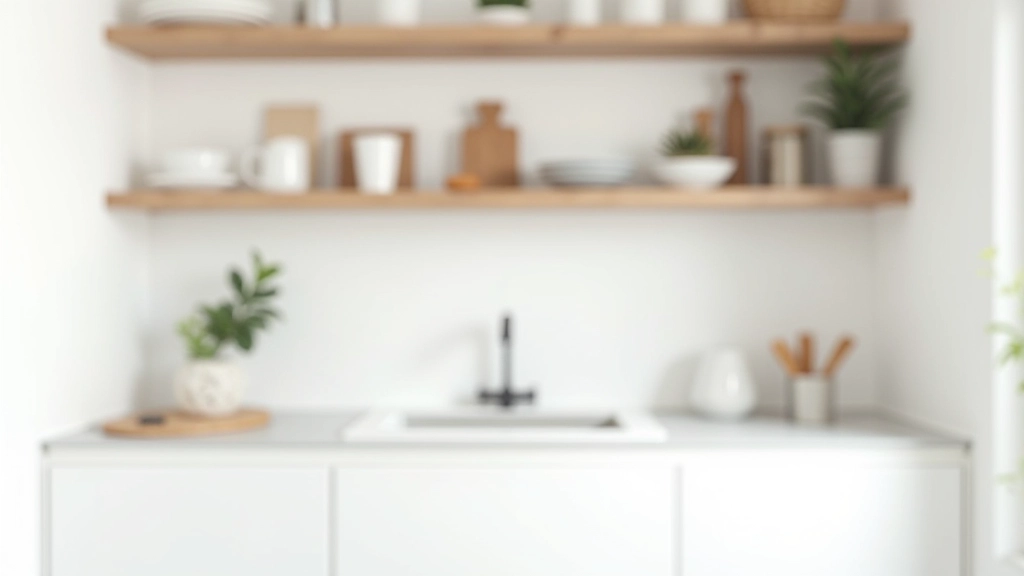 Organize edilmiş bir mutfak, açık depolama seçenekleri, minimalist tasarım, temiz çizgiler, doğal renkler